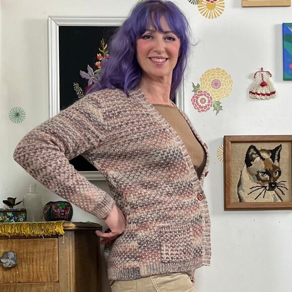 Vintage Grandpa Cardigan, 1970s Brown Space Dye V-Neck Button Front Sweater Sz S - Picture 2 of 10